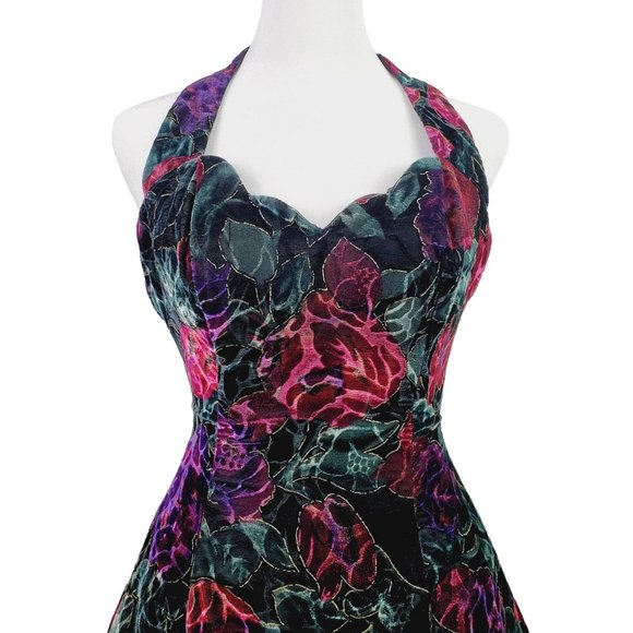 Vtg Steppin Out 1980's Gold Lined Velvet Floral Beaufont Halter Mini Dress Sz 3 - Picture 4 of 8